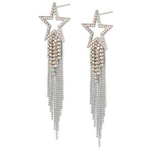 Silver with Iridescent AB Crystal Star Beaded Tassel Post Back Dangling Earrings